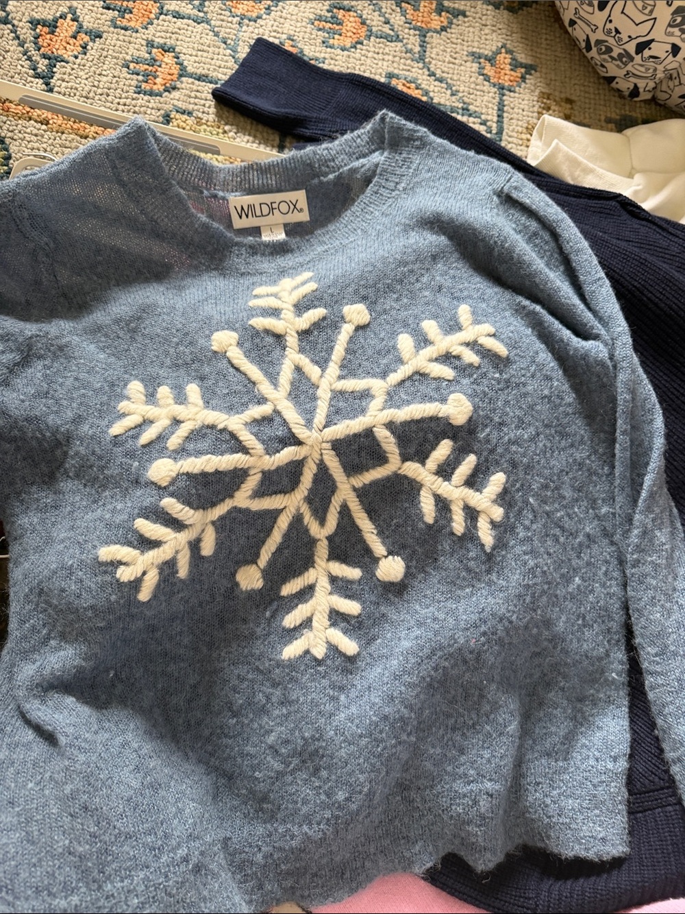 Wildfox Light Blue Sweater with White Snowflake Applique